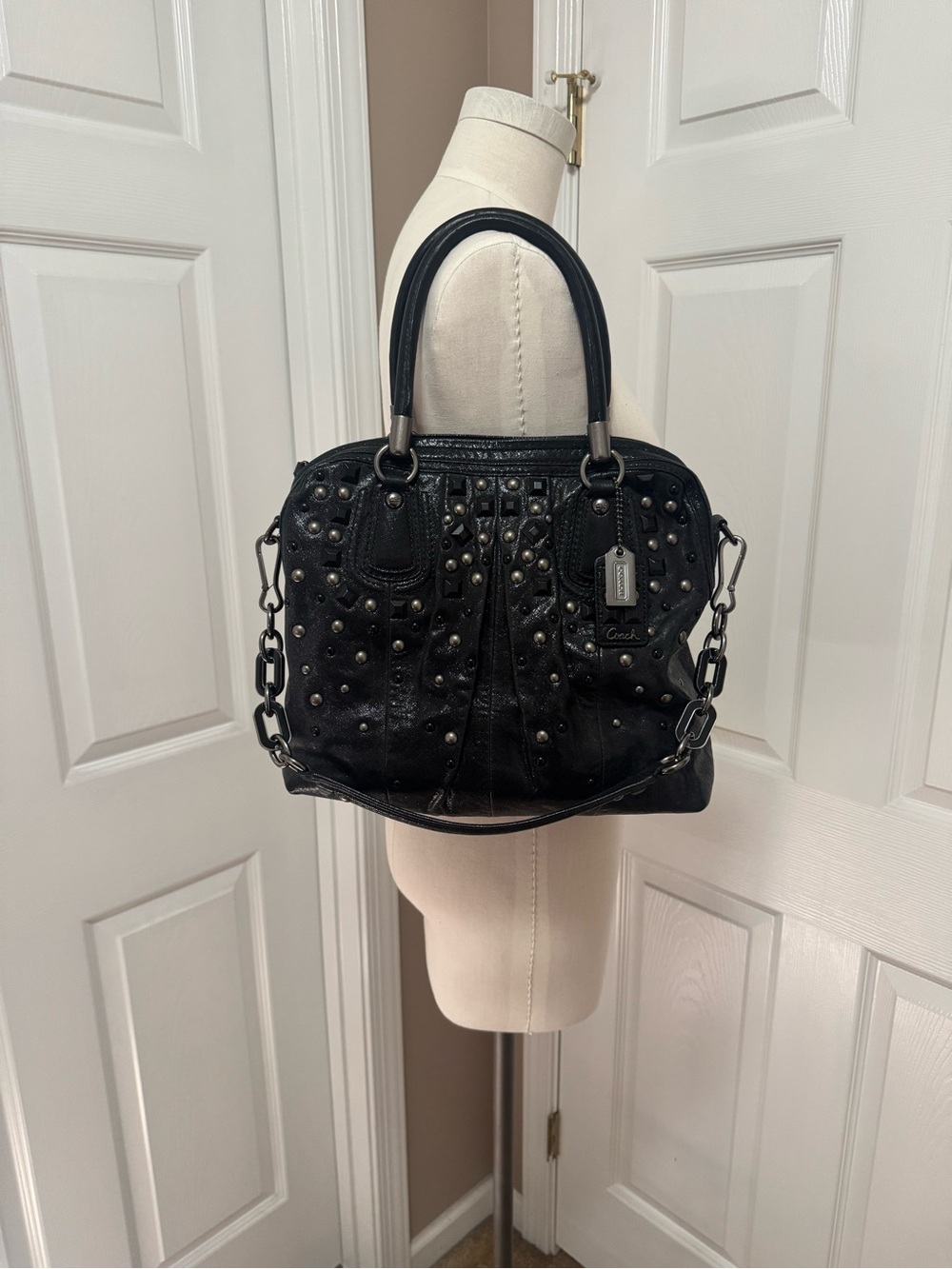 Coach Black Studded Leather Satchel with Chain Strap - Picture 8 of 9